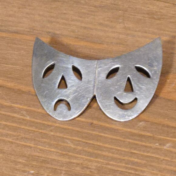 Comedy Tragedy Theater Masks Brooch Pin And Pendant, Mexico 925 Sterling Silver - Picture 5 of 9